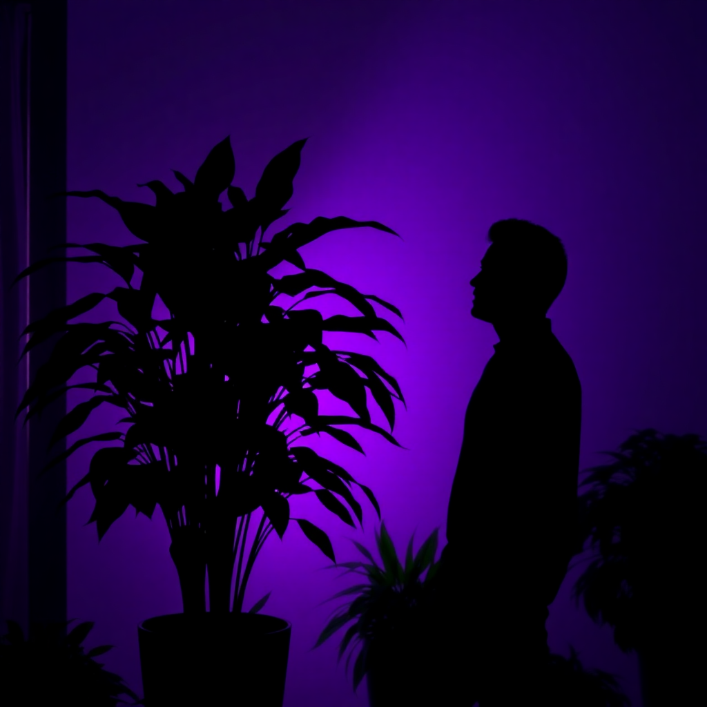 A person's silhouette against a purple light, surrounded by plants.